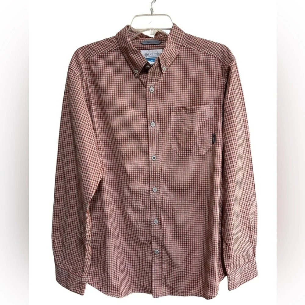 Columbia Mens Button Down Shirt size medium Red Gray Check Long Sleeve